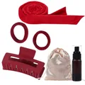 Red velvet heatless curling set including scrunchies, clip, spray bottle, and storage bag - Red Small Scrunchie 6-Piece Set