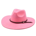 Close-up of pink suede wide brim fedora hat with brown braided rope and silver metal buckle - M (56-59cm) / Peach Pink Suede
