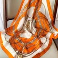 Elegant orange and white square silk scarf with vintage equestrian harness patterns - Orange Square Scarf With Chain / 65