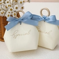 Elegant cream wedding gift box with wooden ring handle and blue ribbon bow decoration - Wooden Ring Handle / Beige European Style + Blue Ribbon