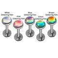 Vijfdelige set roestvrijstalen labret-piercings met regenboogkleurige glitter-inlay - 1.2x6x4mm / Staal/Witte Flitsfilm
