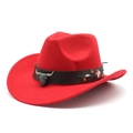 Detail of red cowboy hat featuring bronze bull head buckle and floral embroidery accents - M (56-58cm) / Red