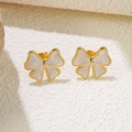 Elegant gold bow earrings with white marble enamel finish for a minimalist OL style look - White