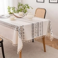 Beige bohemian tablecloth with black patterns and tassels in linen-cotton blend fabric - 90*90cm / Thin Stripes