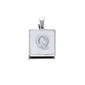 Detailed close-up of a square stainless steel pendant with white shell inlay and letter Q - Steel Q