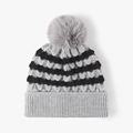 Bonnet d'hiver tricoté à rayures avec pompon gris, revers côtelé gris et noir chic - Réglable / Motif à Vagues Grises (23B004灰色)