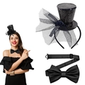 Halloween witch hat headband with sequins, black rose veil and matching satin bow tie set - Black Ribbon Bowtie