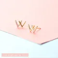 Minimalist gold W-shaped stud earrings with micro-set zircon crystals, 1.0cm petite design - Letter W