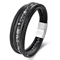 Herren Armband aus zweilagigem schwarzem Ledergeflecht mit grauen Perlen und Magnetverschluss - 21CM Stil 2 (Grauschwarze Perlen)