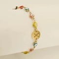 Gold evil eye bracelet with colorful enamel beads and letter X pendant for women - Letter X