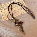 Bohemian retro bronzen veren ketting met sterbedeltjes aan bruin waxlederen koord - 2# Goud Grote Veer