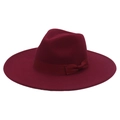 Detail of the elegant wine red wool felt hat featuring a matching ribbon bow decoration - Adult (57-60cm) / 9.5cm Wide Brim / Burgundy