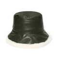 Détail du chapeau bob en cuir PU vert foncé avec bordure en fausse fourrure blanche - Vert Militaire