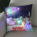 Close-up of LED Christmas pillow with glowing Santa sleigh design on a beige sofa - Snow Village Merry Christmas-21M-9
