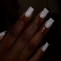 White square long press-on nails with shiny finish shown on hands in natural lighting - Bz1400 Touches The Years / Jelly Glue + Nail File