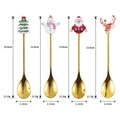 Set of 4 golden Christmas dessert spoons with Santa and reindeer toppers and dimensions - 410 Gold Spoon - 4 Piece Set