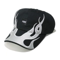 Detail shot of heavy embroidery flame patterns and FIRE text on black baseball cap - M (56-58cm) / Black