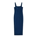 Slim fit dark blue denim midi dress with square neck and spaghetti straps on white background - S / Blue