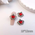 Macro detail of crown nail art charm with red heart gem and rhinestone, size 13x12mm - Silver-Red