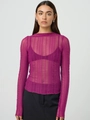Slim fit purple semi-transparent long sleeve mesh top with vertical pleated texture - Rose Red