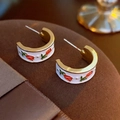 Vintage C-shaped tulip enamel earrings in gold finish with white floral detail - Silver Earring Post Tulip Flower C-Shaped Earrings