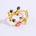 Gold stainless steel branch ring with vibrant multi-colored gemstone embellishments - Colorful Garland Style (JZ26-11)