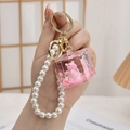Pink Capybara liquid sand keychain with cute pig figure and faux pearl handle strap - Chain Style-Sugar Hug