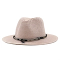 Elegant beige straw fedora sun hat with black ribbon and feather decoration for beach - Nude Pink