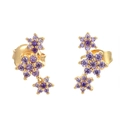 Elegant gold flower earrings with purple zircon petals in a vertical flowing drop design - Gold Plated - Purple Zirconia