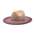 Gradient beige and purple wool fedora hat with a leather strap and gold buckle - Khaki Thin Belt Decor / Purple/Beige Gradient