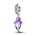 Silver flower bead with purple enamel iris petals and colorful zircon crystals - KTC770-Iris Flower Dangle Charm