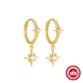 Klassieke gouden oorringen met sterrenhangers en stenen van S925 sterling zilver - 925 zilver / Dubbele Ster Hanger Ring (Goud #2)