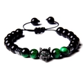 Detail of adjustable tiger eye and obsidian beaded bracelet with silver wolf head charm - Type A Obsidian + Green Tiger Eye