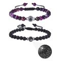 Purple agate and black lava stone couple bracelets with I Love You projection charm - Purple Striped Agate + Lava Stone Bracelet