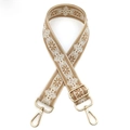 Ethnic style beige guitar strap for bags with white floral embroidery and gold metal hardware - Light Brown on Beige Base