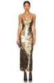 Full body view of a shimmering gold sequin floor-length evening dress with thin straps - Luxury Gold
