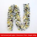 2.7m flocked golden Christmas garland with lights, pinecones, and golden flowers - 240 Tips Gold Garland With LED Lights