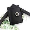 Minimalist black pebble leather short wallet with golden zip and buckle closure - Black