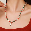 Double-layer beaded necklace with red green white beads and Santa Claus pendant - D1215 Single Layer Beaded Santa Claus Pendant