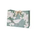 Elegant mint green floral gift bag with bird illustration and champagne ribbon bow - Small (18x16x10cm) / Gold Ribbon