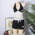 Detail of black and white mesh halter crop top and drawstring shorts two-piece outfit - S / Black and White Set