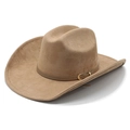 Classic camel wide brim western cowboy hat with leather belt buckle for men and women - M (56-57cm) / Camel