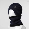 Men's navy blue winter knit beanie and neck gaiter set with warm fleece lining - Cotton Thread Two-Piece Set / Snowflake Logo Ear Protection - Navy Blue Set