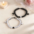 Couples black and white beaded magnetic bracelets set with adjustable cord straps - Matte Black & White Marble - Drawstring Braided Rope