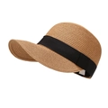 Light brown woven straw equestrian cap with a black ribbon bow for summer sun protection - One Size / Khaki