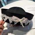 Black sweet sailor beret hat with white lace bows and pearl details for women - M (56-58cm) / Black Sailor Hat With Pearl Lace