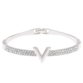 Silver V-shape bangle featuring double rows of inlaid rhinestones and mirror polish - Silver V-Shape Zircon Style (G-605)
