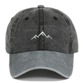Close-up of mountain embroidery and washed cotton texture on a grey baseball cap - Washed Grey/Black / Adjustable Free Size
