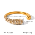 Macro view of gold stainless steel ring with zircon heart and size measurements - Gold Pave Zirconia Open Ring (HC-R30361)