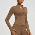 Women's slim fit yoga jacket in earth-toned brown with thumb holes and matching leggings - S / Cocoa
